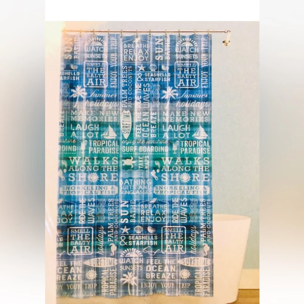 Ocean Rules Blue Peva Shower Curtain Metal Grommets Ombré Sunset Relax Beach